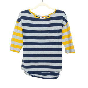 BODEN Grey Blue Yellow Stripe Cotton 3/4 Sleeve Knit Top Pocket Women's Size 6